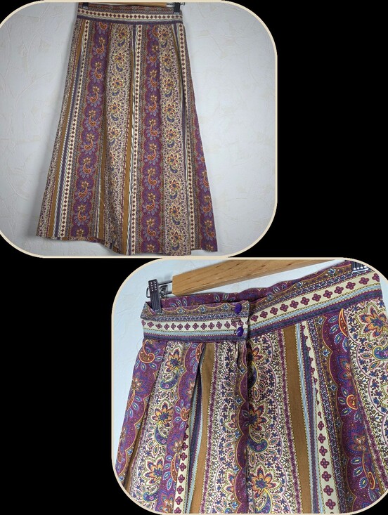 Handmade Dresses & Skirts - Vintage 1970s Handmade Paisley Border Print Midi Skirt Boho Hippie Prairie Small